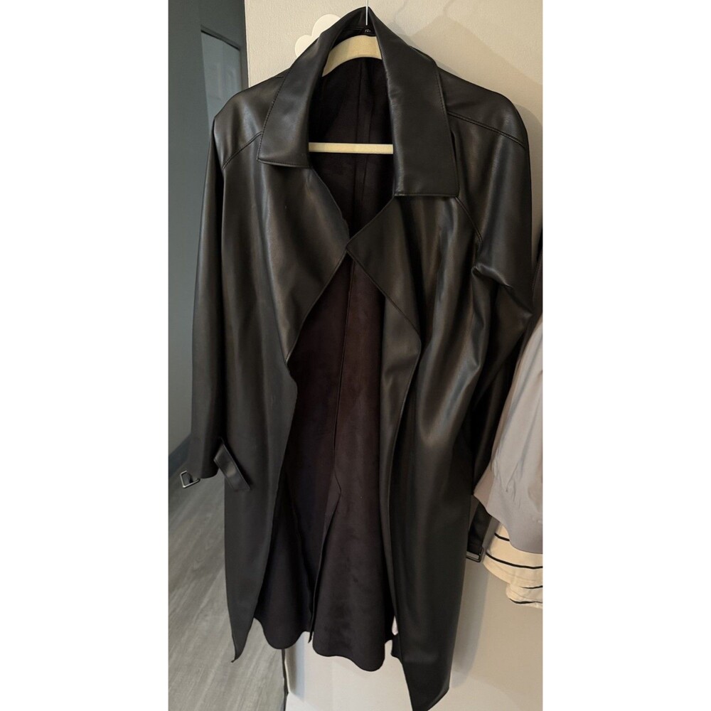 Forever 21 Black Faux Leather Trench Coat Belted Long Sleeve Medium